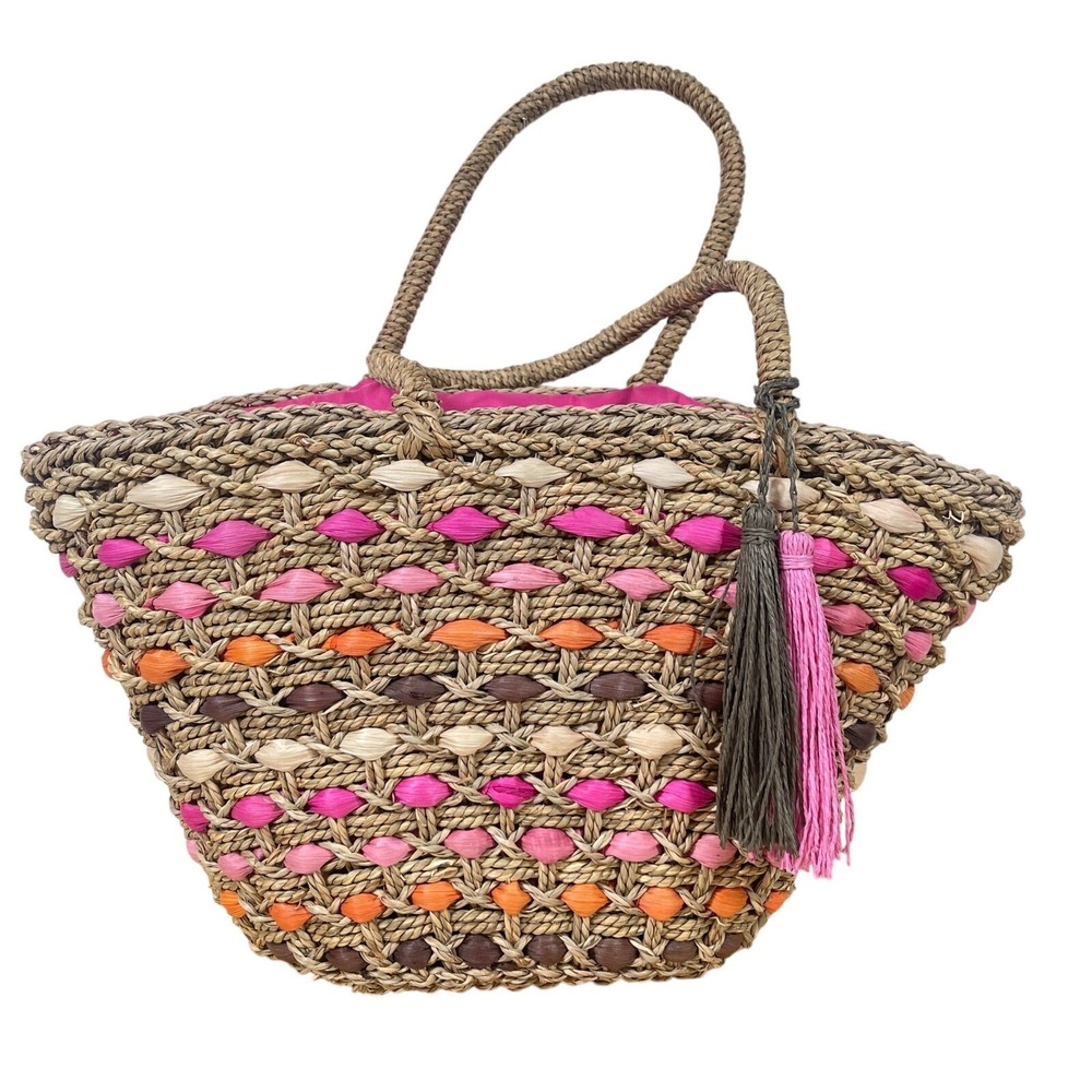 Cynthia Rowley Raffia Straw Tote Multicolor Woven Basket Bag Pink‎ Lined Tassel